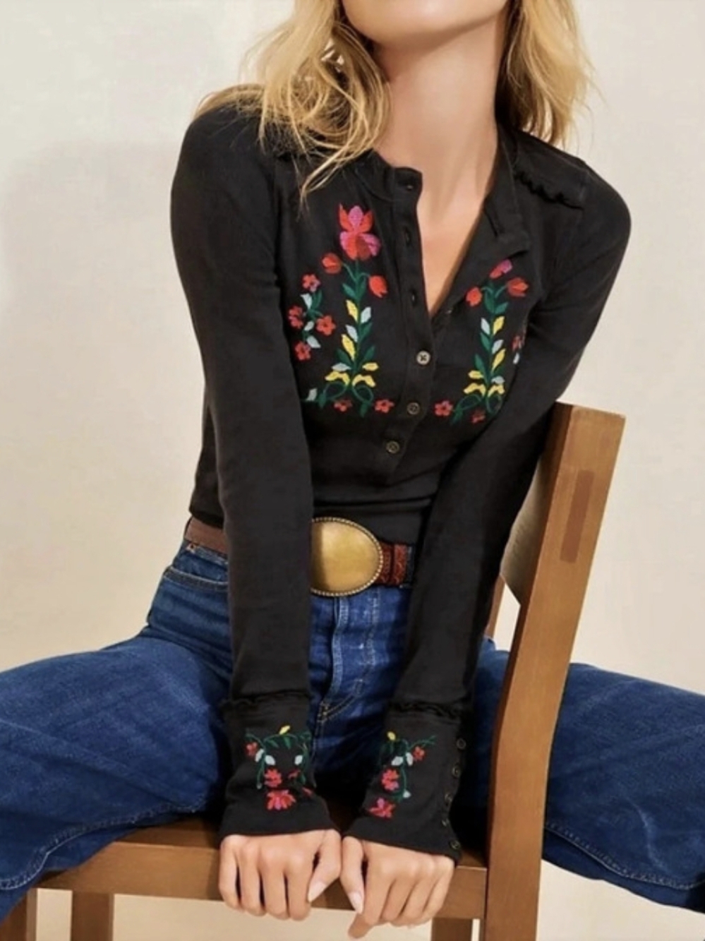 Free People Fleur Embroidered Cuff Henley Long Sleeve Top NWOT